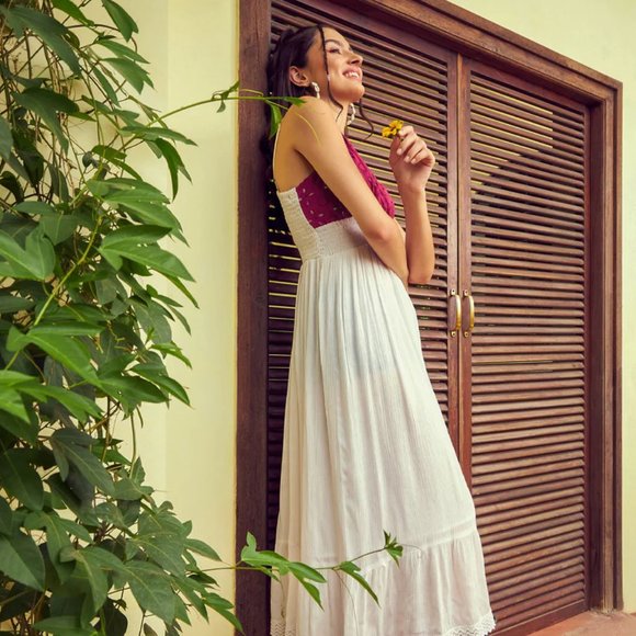 White Shiffli cotton contrast midi dress - Picture 3 of 5